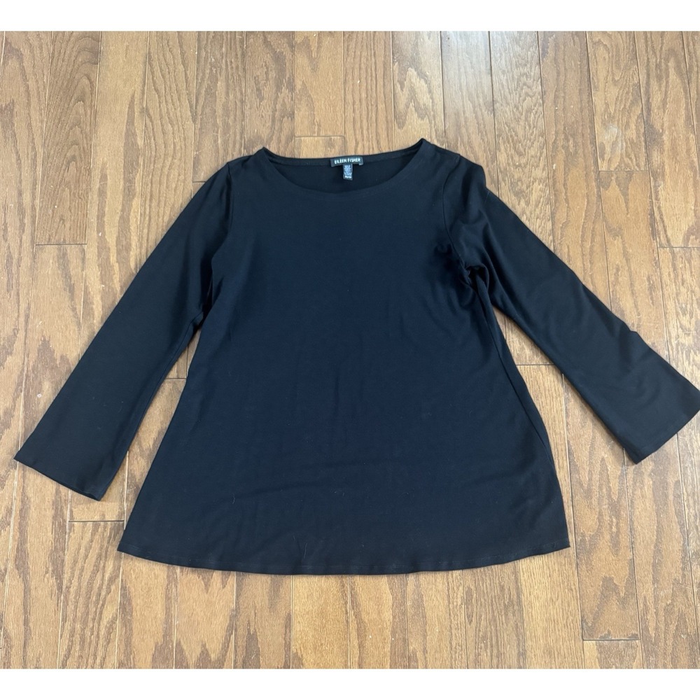 Eileen Fisher Womens XS Black Stretch Knit Tunic Top Long‎ Sleeve Minimalist